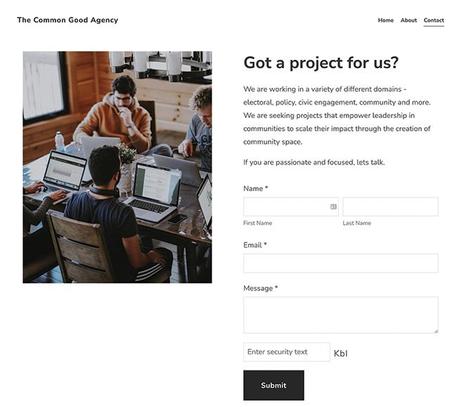 De contactpagina van het Common Good Agency