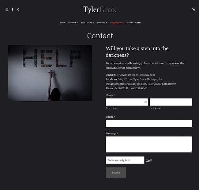 Контактная страница фотографа изобразительного искусства Тайлера Грейса