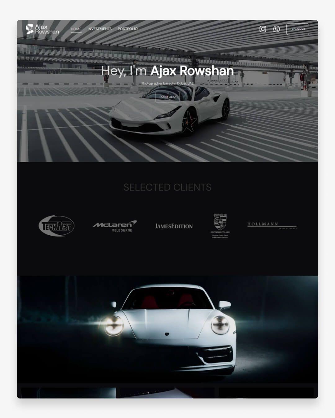 Site Web du portfolio Ajax Rowshan avec des images de voitures