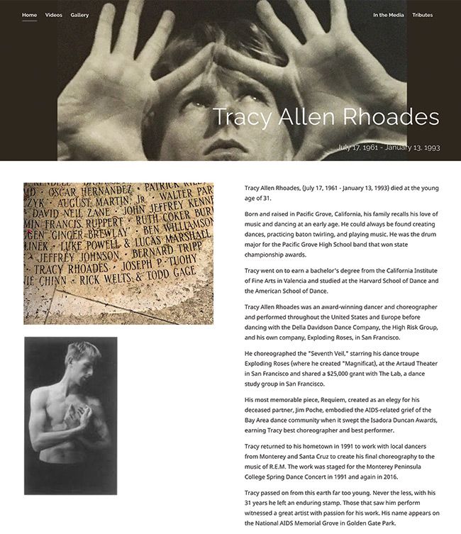 Pagina informazioni sul sito web commemorativo di Tracy Allen Rhoade