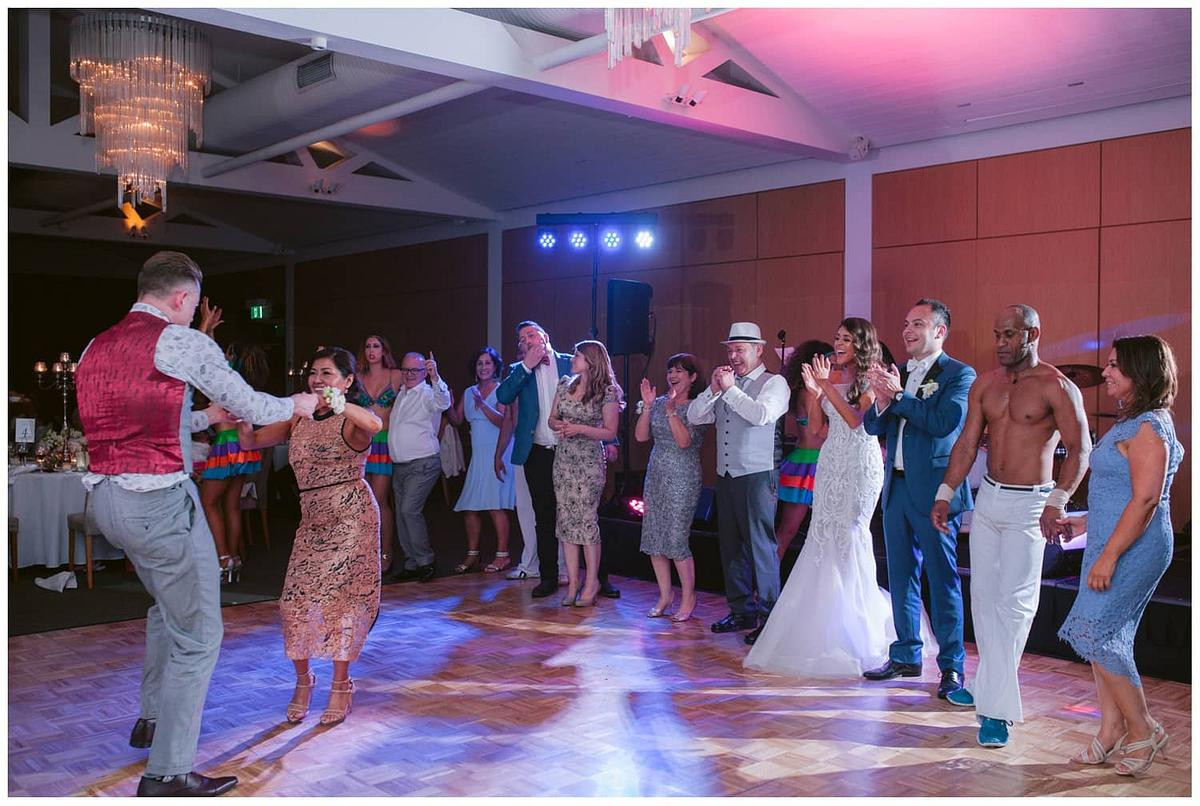 Bridal party and guests are enjoying themselves on the dance floor at Sergeants Mess Mosman.